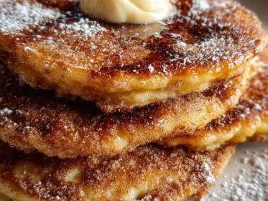Delicious churro pancakes topped with cinnamon and sugar