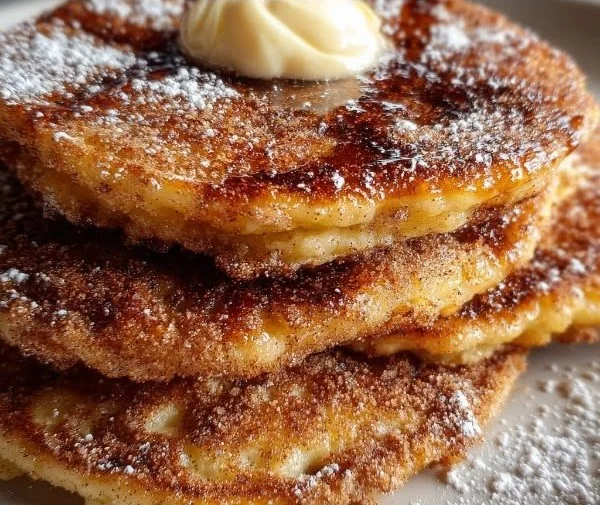 Delicious churro pancakes topped with cinnamon and sugar