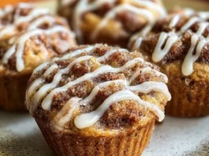 Cinnamon roll protein muffins on a wooden table with a cinnamon stick.