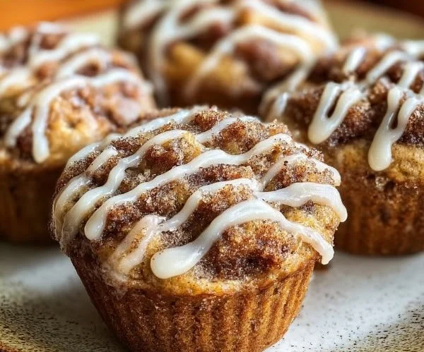 Cinnamon roll protein muffins on a wooden table with a cinnamon stick.