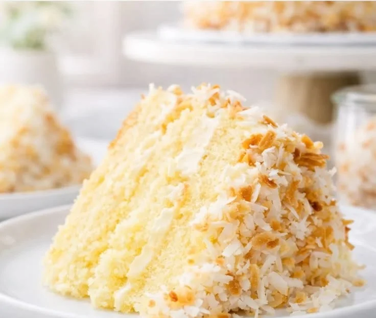 Irresistibly moist and creamy Coconut Custard Cake slice on a plate