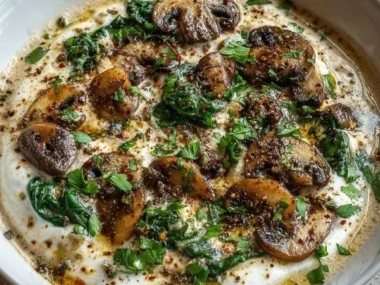 A bowl of creamy cottage cheese mushroom soup garnished with fresh herbs.