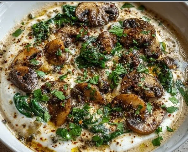 A bowl of creamy cottage cheese mushroom soup garnished with fresh herbs.