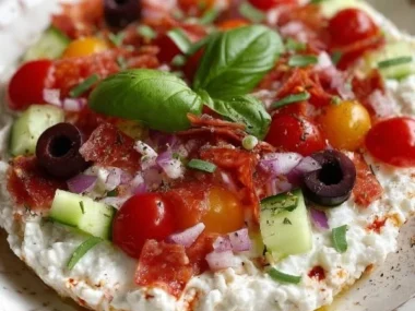 Cottage Cheese Pizza Bowl topped with fresh vegetables and cheese