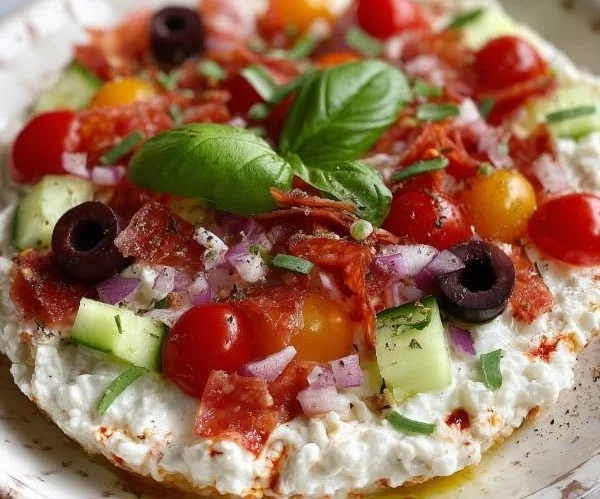 Cottage Cheese Pizza Bowl topped with fresh vegetables and cheese