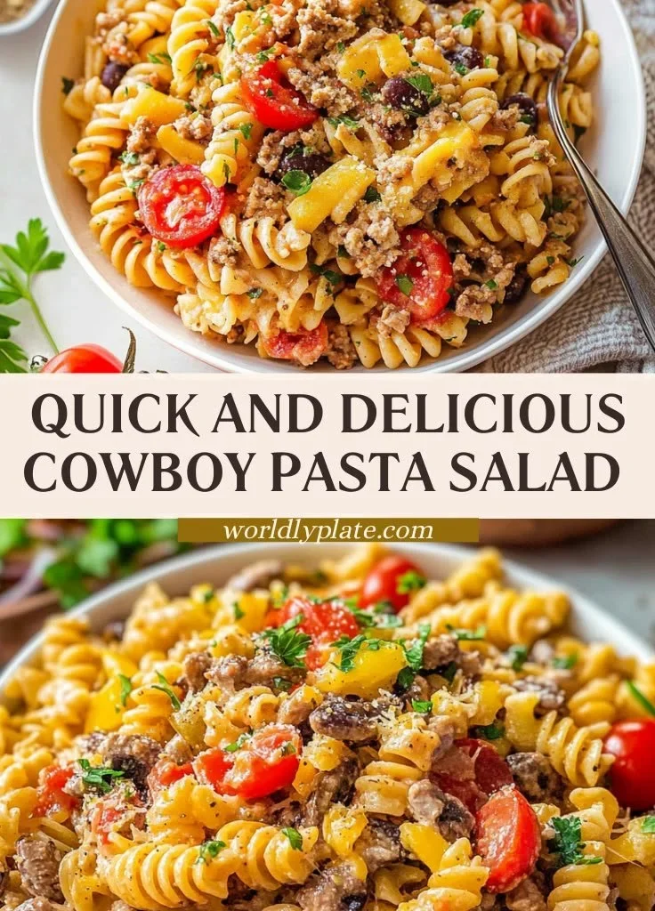 Delicious Cowboy Pasta Salad with colorful veggies and pasta in a bowl