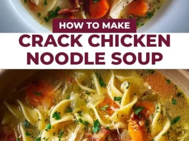Delicious bowl of Crack Chicken Noodle Soup with vegetables and tender chicken