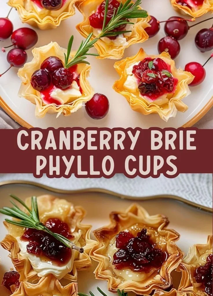 Cranberry and brie baked phyllo cups served on a festive platter