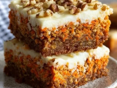 Delicious cream cheese carrot cake bars topped with frosting and walnuts.