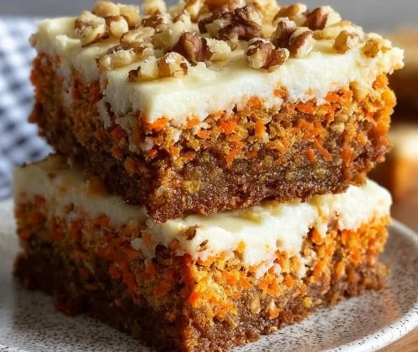 Delicious cream cheese carrot cake bars topped with frosting and walnuts.
