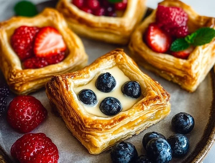 Golden cream cheese puff pastries baked to perfection, ideal for appetizers.