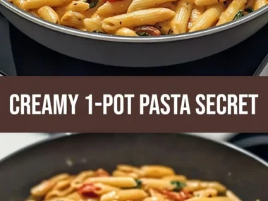 Creamy one-pot spinach tomato pasta served in a bowl with fresh ingredients