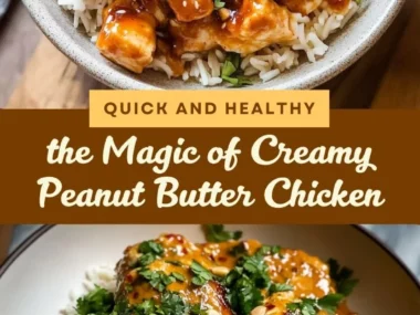 Delicious creamy peanut butter chicken served with vegetables and rice