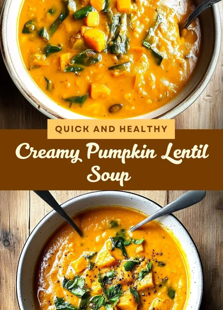 Delicious creamy pumpkin lentil soup served in a bowl with fresh herbs