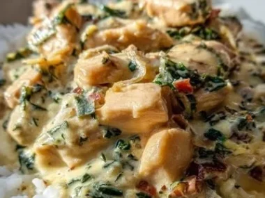 Creamy smothered chicken served with rice, garnished with herbs.