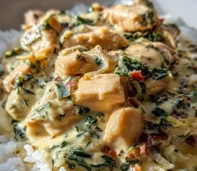 Creamy smothered chicken served with rice, garnished with herbs.