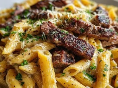 Delicious creamy white cheddar Cajun steak penne served in a bowl.