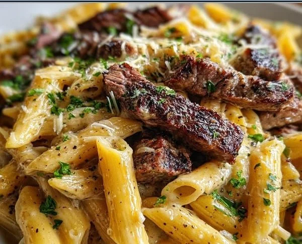 Delicious creamy white cheddar Cajun steak penne served in a bowl.