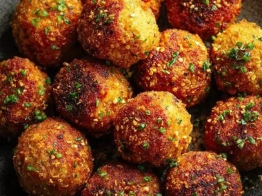 Crispy air-fried vegan tofu balls served on a plate with dipping sauce