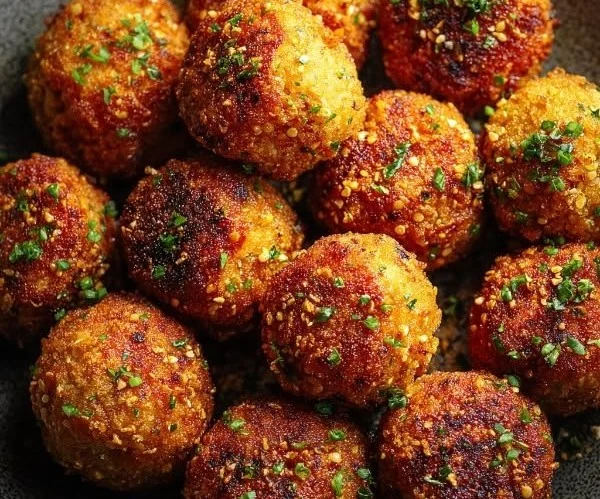 Crispy air-fried vegan tofu balls served on a plate with dipping sauce