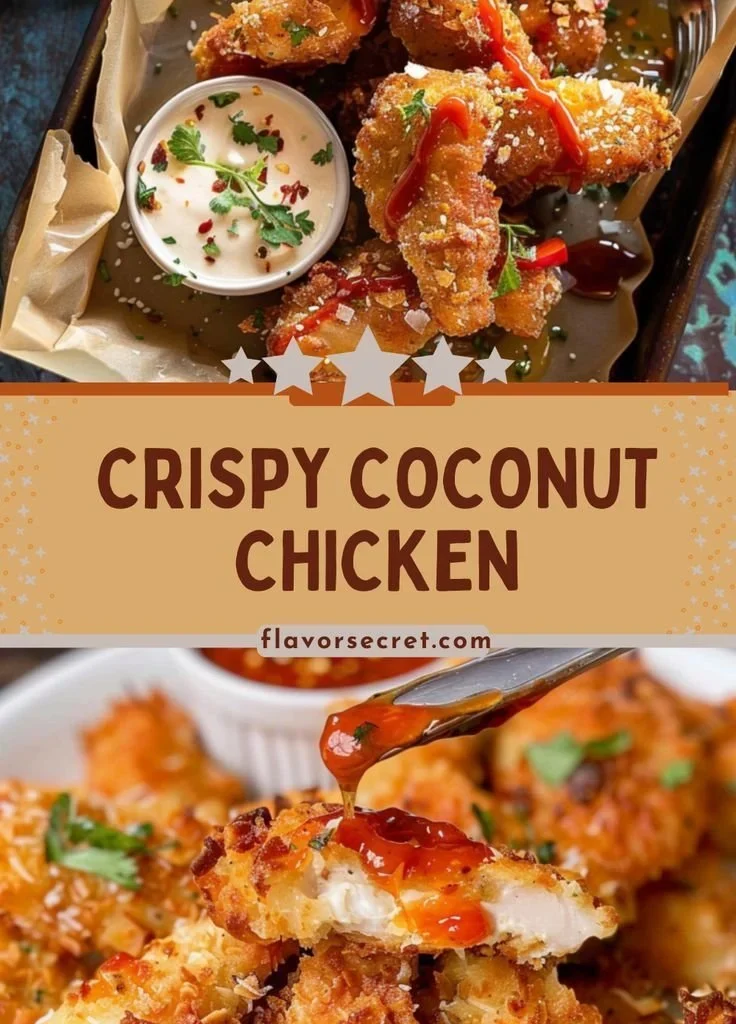 Crispy coconut crusted chicken pieces with a sweet chili dipping sauce