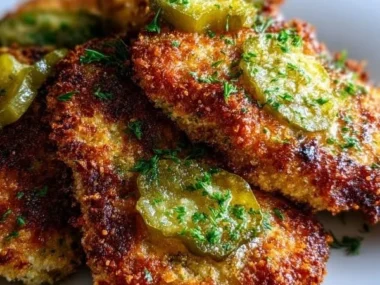 Crispy Dill Pickle Parmesan Chicken on a plate garnished with herbs