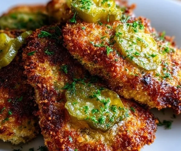 Crispy Dill Pickle Parmesan Chicken on a plate garnished with herbs