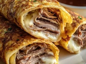Crispy French Dip Tortilla Roll Ups filled with beef and cheese, served with au jus.