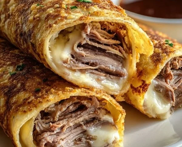 Crispy French Dip Tortilla Roll Ups filled with beef and cheese, served with au jus.