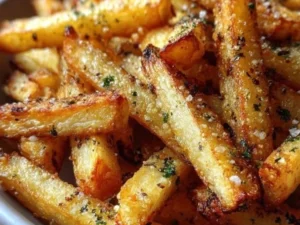 Plate of crispy French fries with a golden brown texture.