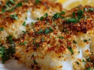 Crispy Garlic Parmesan Cod served with lemon and parsley