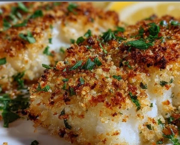Crispy Garlic Parmesan Cod served with lemon and parsley