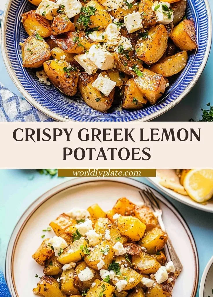 Crispy Greek lemon potatoes garnished with herbs on white plate
