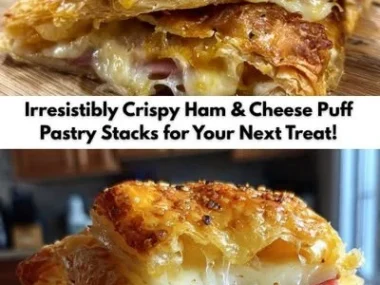 Crispy ham and cheese puff pastry stacks on a serving platter