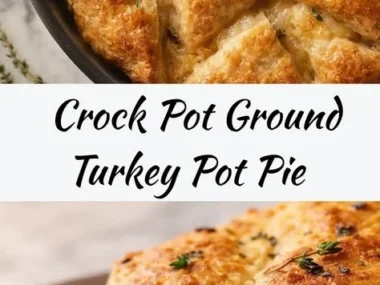 Delicious Crock Pot Ground Turkey Pot Pie topped with flaky crust and vegetables