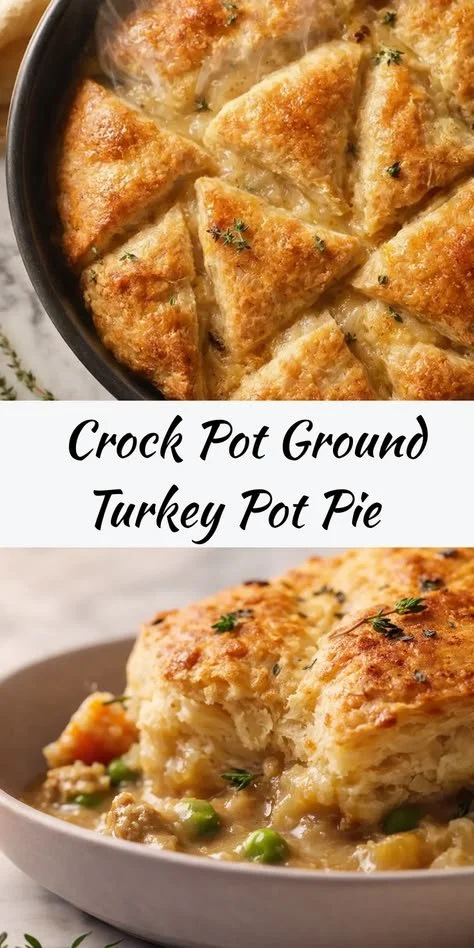 Delicious Crock Pot Ground Turkey Pot Pie topped with flaky crust and vegetables