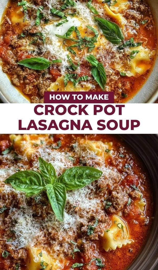 Delicious bowl of Crock Pot Lasagna Soup topped with cheese and fresh herbs
