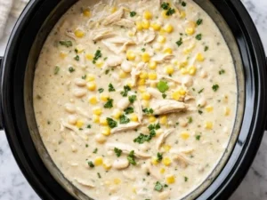 Bowl of creamy Crockpot white chicken chili soup with toppings