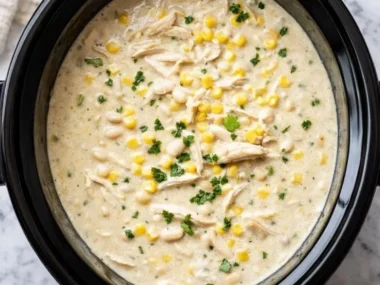 Bowl of creamy Crockpot white chicken chili soup with toppings