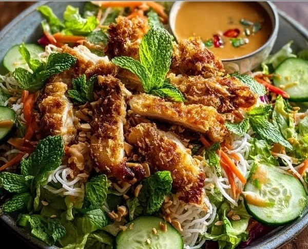 Crunchy chicken salad topped with peanut-lime dressing in a bowl.