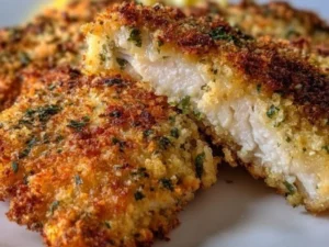 Crispy Crusted Chicken Romano served with a side of vegetables