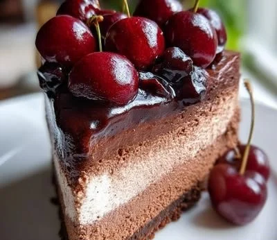 Delicious Black Forest Cheesecake with cherries and chocolate ganache