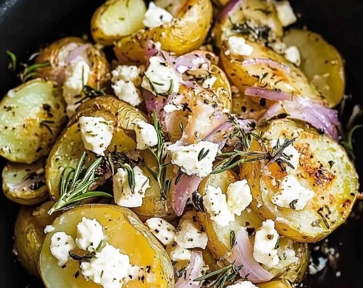 Plate of delicious Greek smashed potatoes topped with crumbled feta cheese.