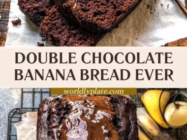 Slice of double chocolate banana bread topped with chocolate chips and bananas