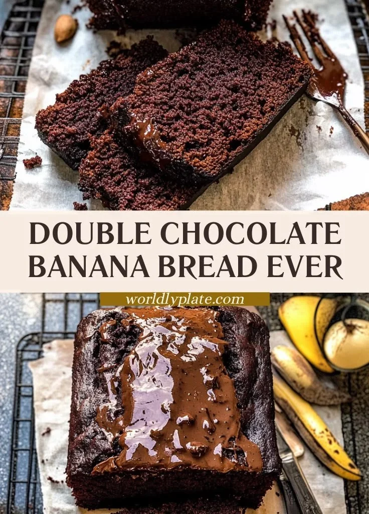 Slice of double chocolate banana bread topped with chocolate chips and bananas