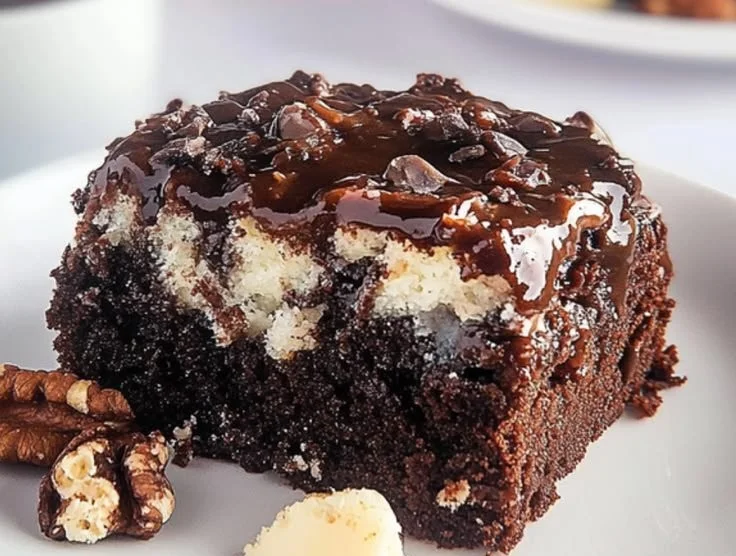 A mouthwatering slice of Earthquake Cake, topped with chocolate frosting and nuts.
