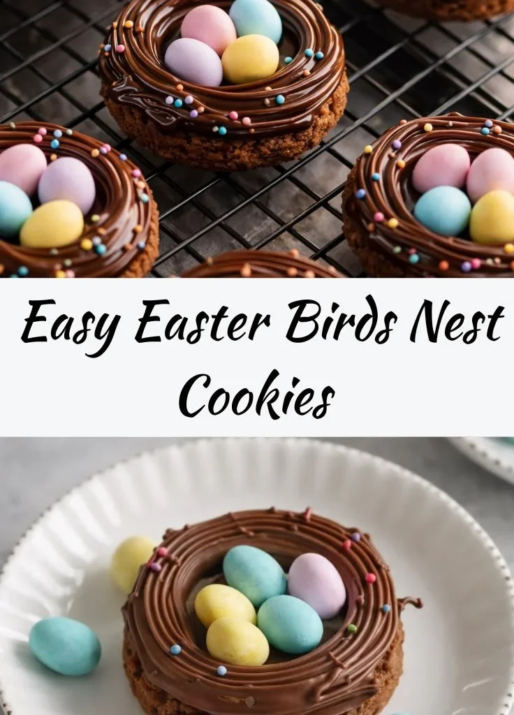 Easter Birds Nest Cookies decorated with candy eggs and chocolate
