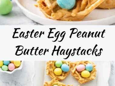 Easter Egg Peanut Butter Haystacks with chocolate and sprinkles