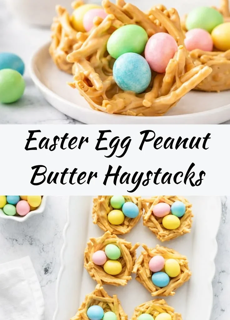 Easter Egg Peanut Butter Haystacks with chocolate and sprinkles
