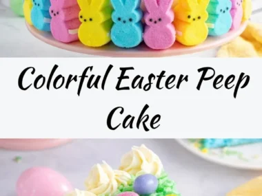 Easter Peep Cake decorated with colorful marshmallow chicks and festive sprinkles.